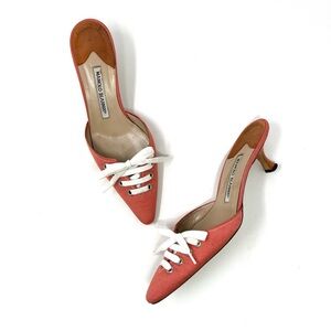 Vintage Manolo Blahnik Coral Orange Pink Lace Up Mules Kitten Heels Shoes 38 8